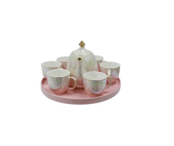 8-piece tea set displayed on a pink tray.