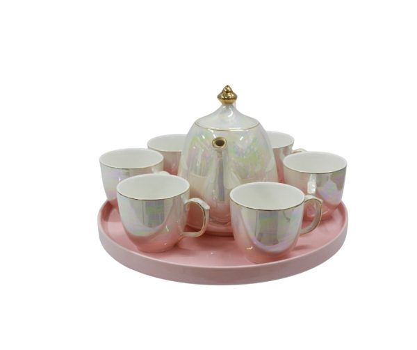 8-piece tea set displayed on a pink tray.