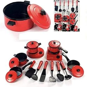 12-piece red and black toy kitchen playset. 