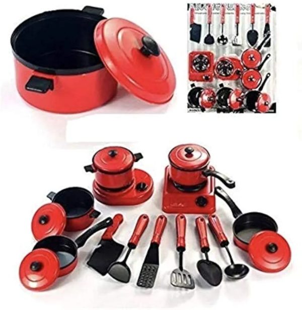 12-piece red and black toy kitchen playset. 