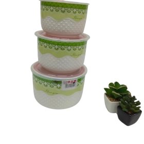 Three ceramic bowls with plastic lids