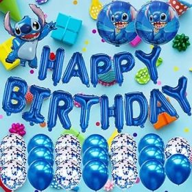 Stitch-themed birthday balloon set.