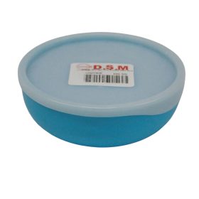 Round, light blue plastic container