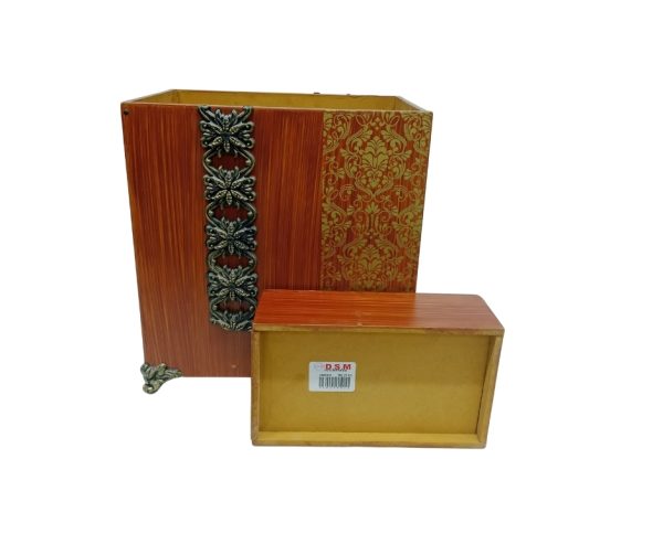 wooden wastebasket and tissue box