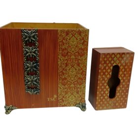Wooden Wastebasket and Tissue Box